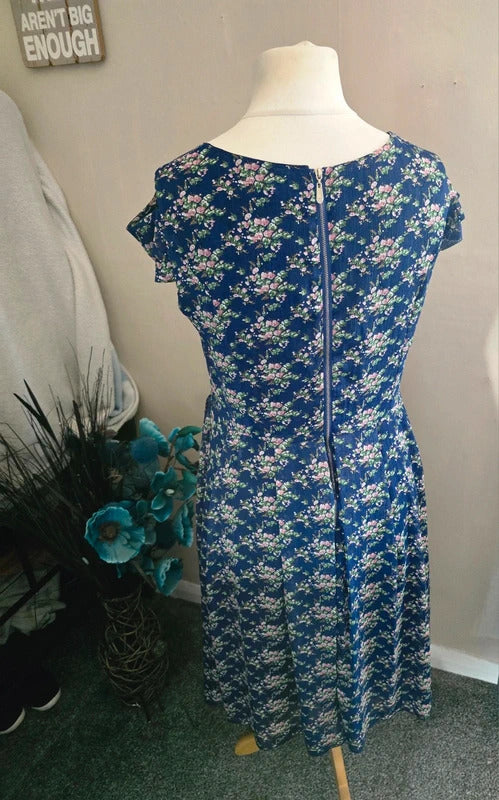 Jumpo Blue & Pink Floral Cold Shoulder Flared Midi Dress M/L Size  12-14