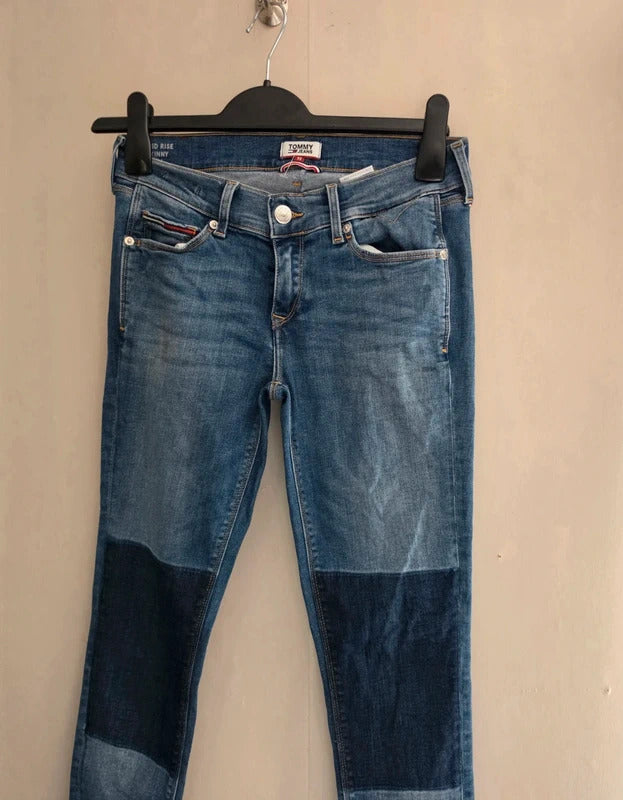 Tommy Jeans Blue Contrast Panel Mid-Rise Skinny Jeans Size W27 L32 (UK Size 8)