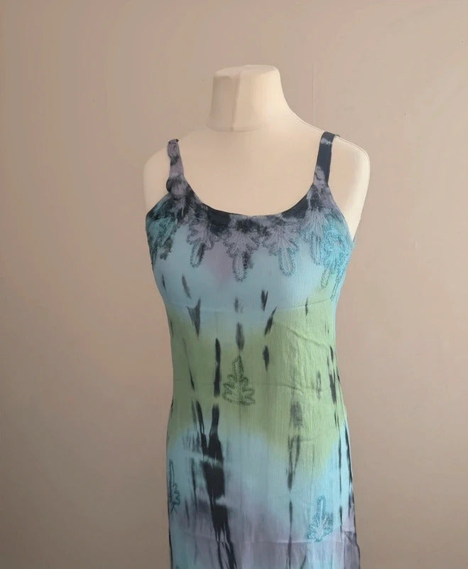 Vintage Style Green, Purple & Black Tie-Dye Embroidered Midi Dress  Size 12-14