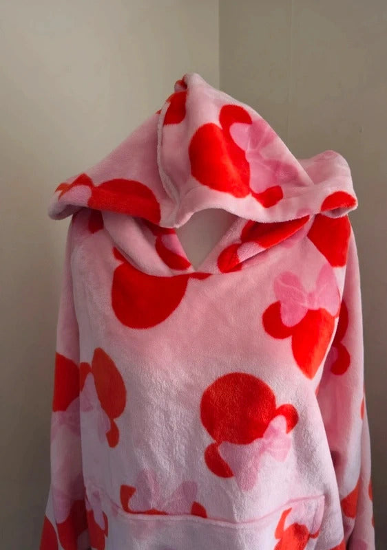 Custard London Pink & Red Minnie Mouse Fleece Lounge Hoodie Jumper One Size