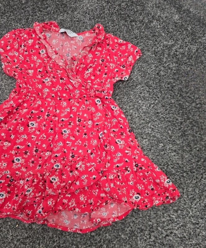 Primark Girls Bright Pink Ditsy Floral Frill Wrap Summer Dress Age 12-18 Months