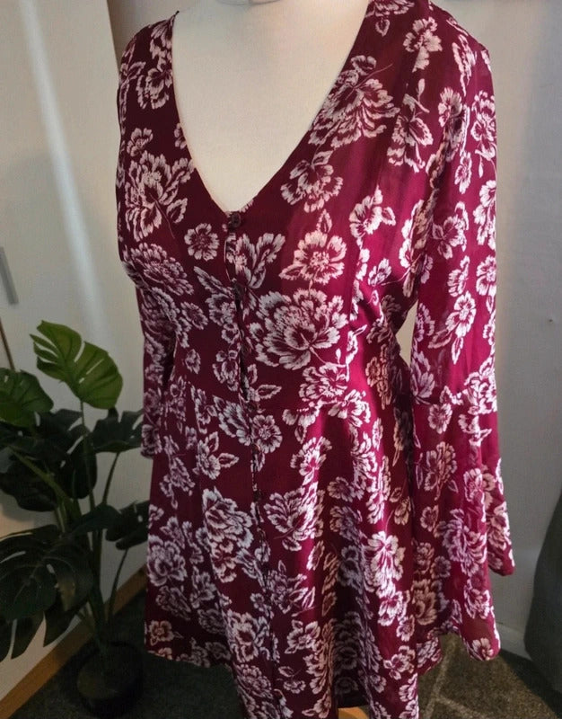Brave Soul Burgundy Floral Dress Flared Sleeves - Size 10/12