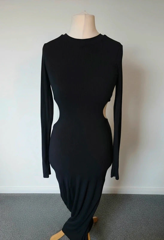 AFRM Black Ribbed Bodycon Midi Dress Long Sleeve Cut Out Size S UK 8–10