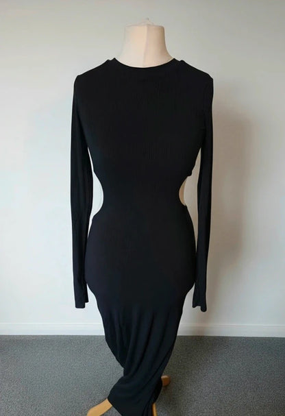 AFRM Black Ribbed Bodycon Midi Dress Long Sleeve Cut Out Size S UK 8–10