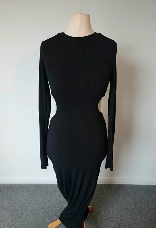 AFRM Black Ribbed Bodycon Midi Dress Long Sleeve Cut Out Size S UK 8–10