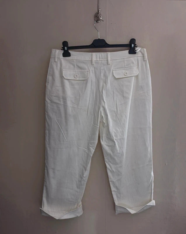 Per Una White High-Waist Cropped Trousers Cuffed Hems Size 14