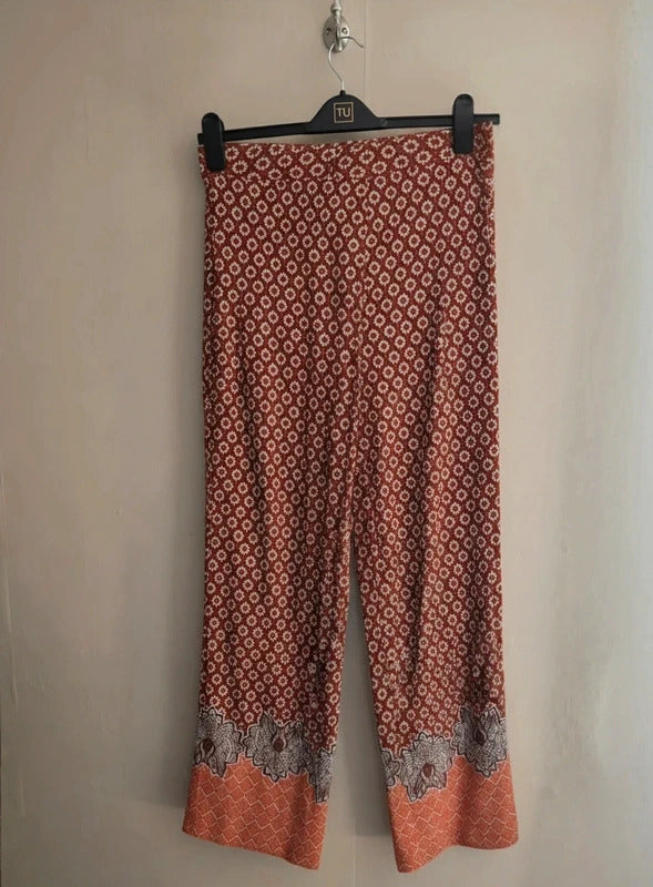 Next Orange & White Patterned Wide Leg Trousers Size 10 Regular NWT Lightweight