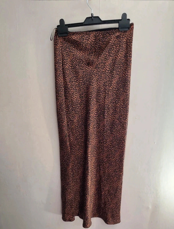 Topshop Brown & Black Animal Print Silky Midi Slip Skirt Size 10