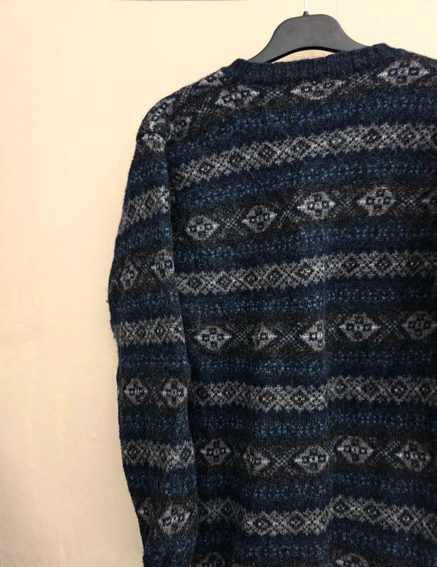 Vintage Jamieson's Shetland Navy & Grey Fair Isle Wool Cardigan (80s/90s)