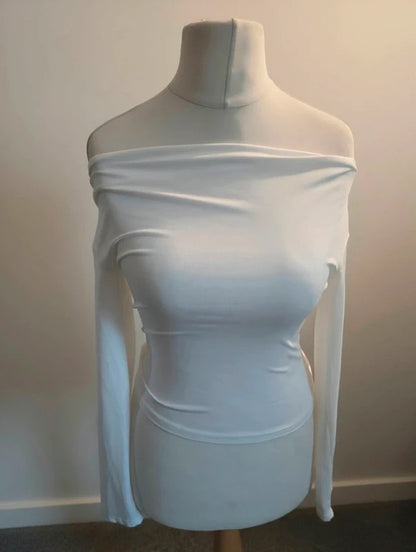 SHEIN White Off The Shoulder Long Sleeve Bodycon Top M Size 10-12