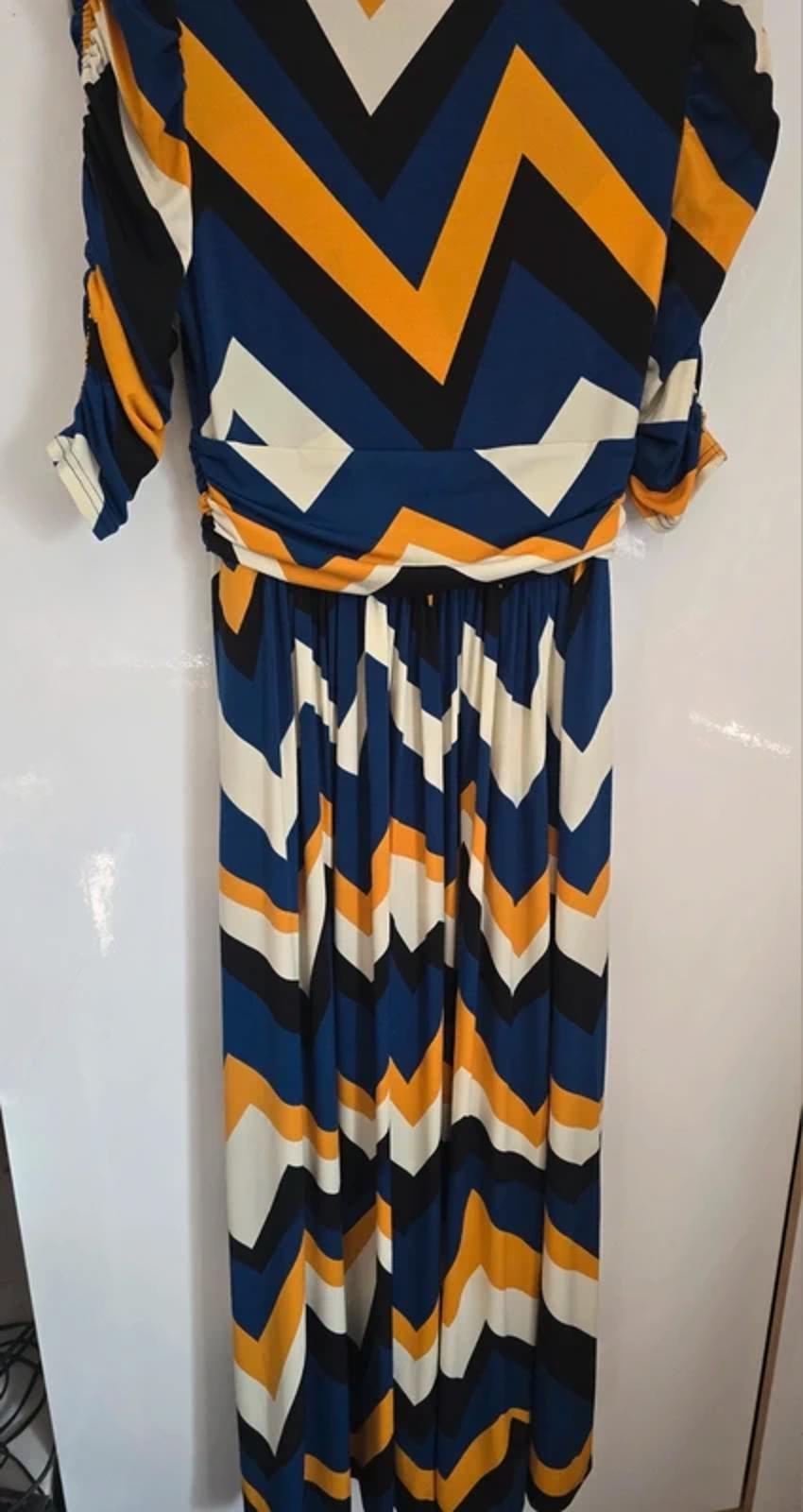 Jolie Moi blue black cream & orange patterned midi long dress 3/4 sleeves 10 NWT