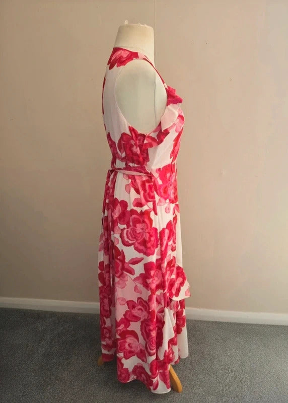 Boohoo W Collection Pink Floral Belted V-Neck Flared Maxi Dress Size 10