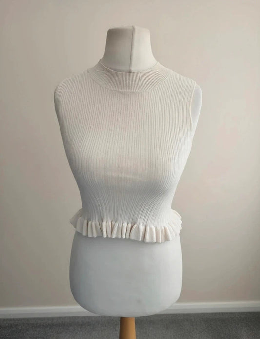Topshop Petite Cream Ribbed Crop Top Size 12 NWT Sleeveless Frill Hem