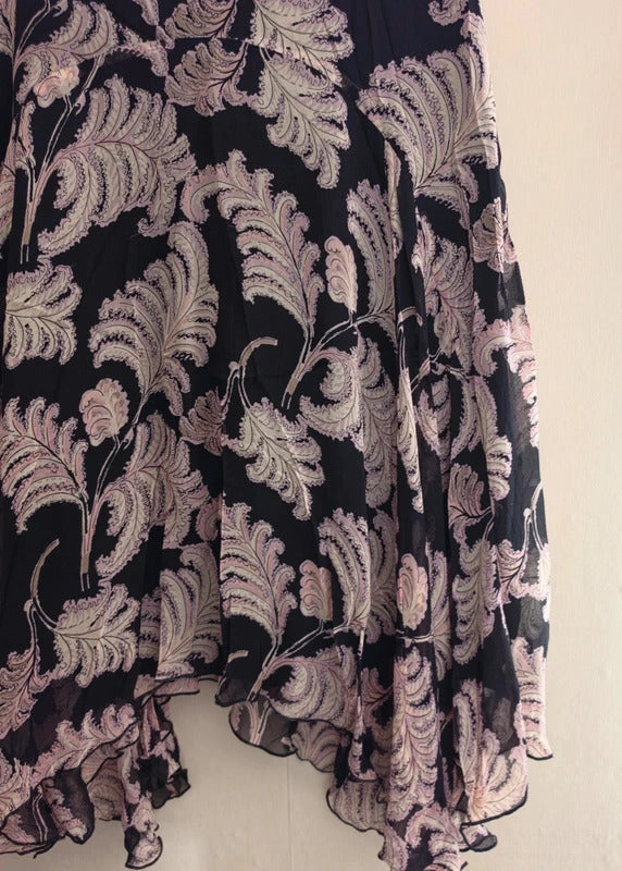 Coast 100% Silk Black & Grey Feather Print Asymmetrical Midi Skirt Size 10