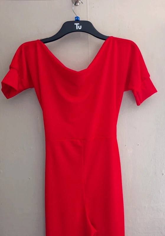 PrettyLittleThing Red Belted Short-Sleeved Flared Jumpsuit Size 10