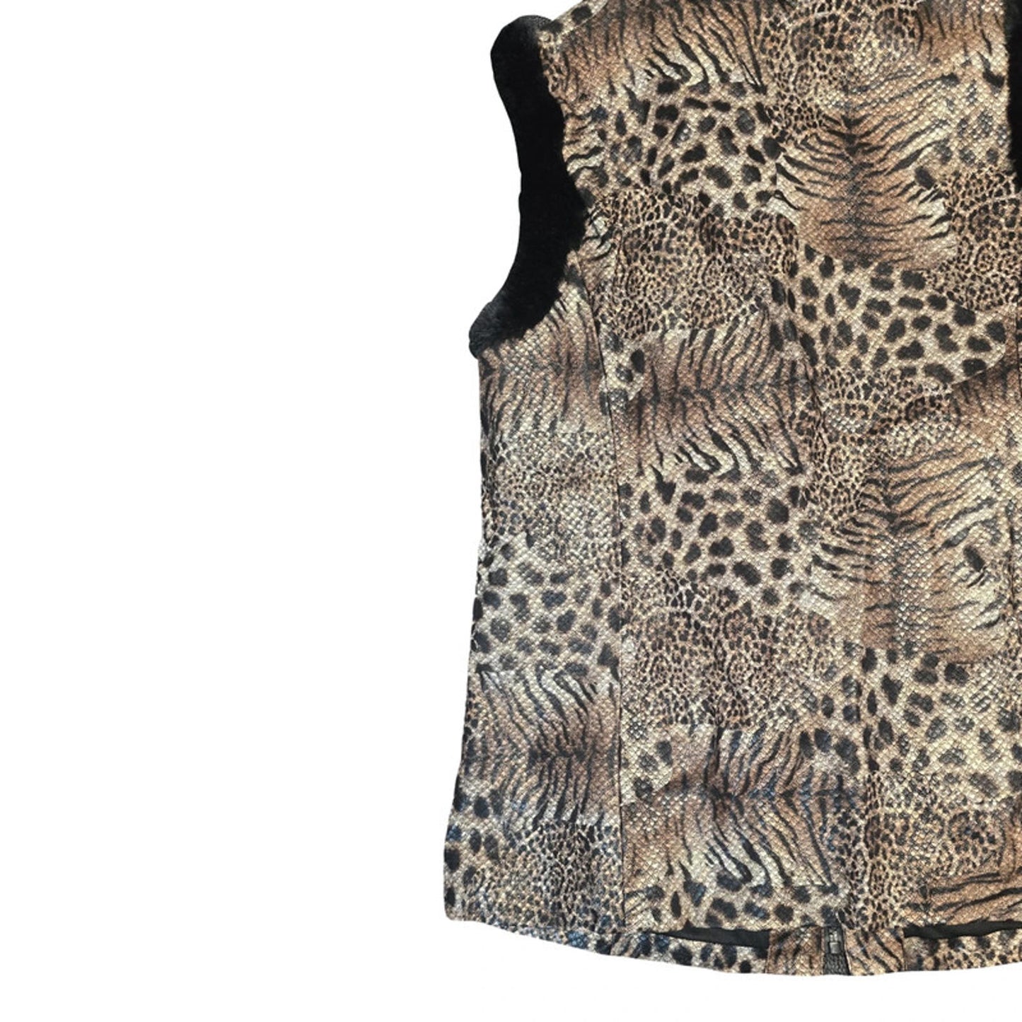 Bob Mackie Leopard Print Faux Fur Gilet Black Brown Size XS Zip Up Lined New