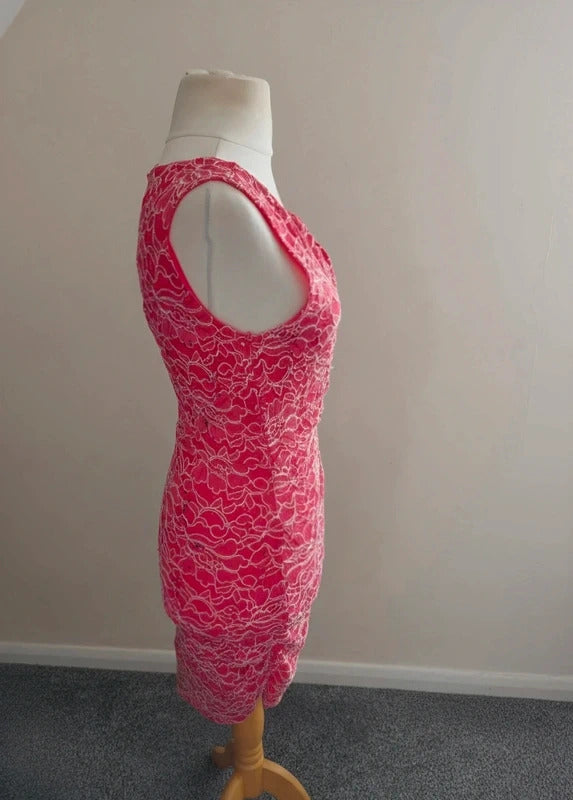 Lipsy London Pink & White Lace Bodycon Dress Size 12 Sequin Detail Occasion Wear