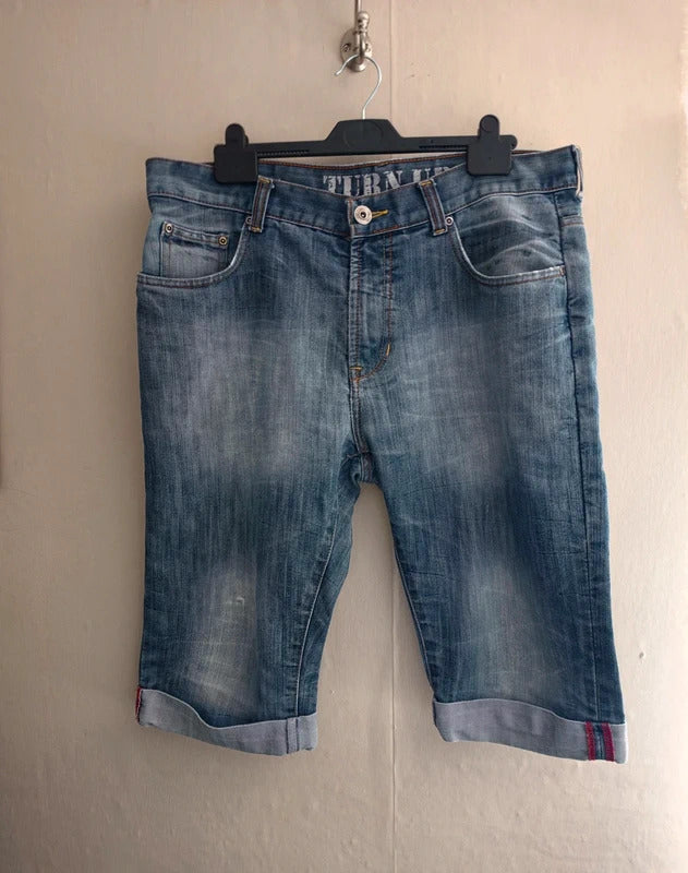 Primark Men's Faded Blue Denim Turn-Up Knee-Length Shorts Waist 36"