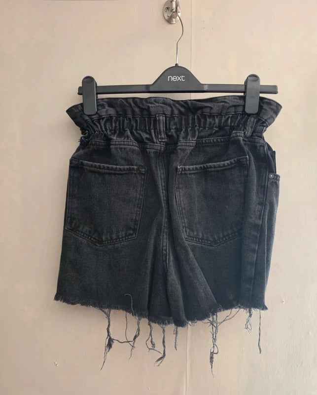 AllSaints Black Distressed High-Waist Paperbag Denim Shorts W30 Size 12-14