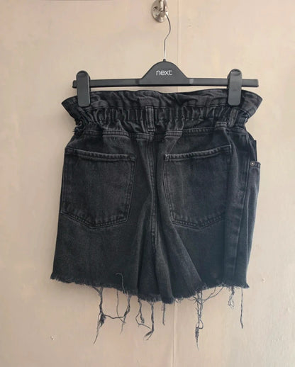 AllSaints Black Distressed High-Waist Paperbag Denim Shorts W30 Size 12-14