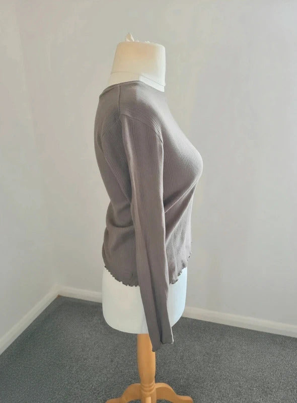 Pieces Brown Ribbed Long Sleeve Top XS Size 8-10 Cotton Lettuce Hem Casual T-Shirt