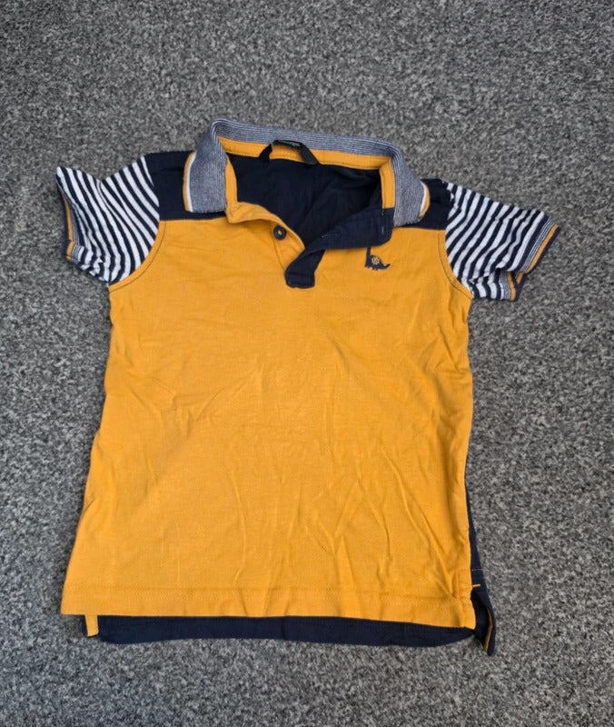 George Boys Mustard Yellow & Navy Striped Sleeve Polo Shirt Dinosaur Detail Age 2-3 Years