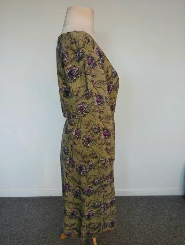 Weird Fish Green Pink & Black Floral Midi Dress Size 14