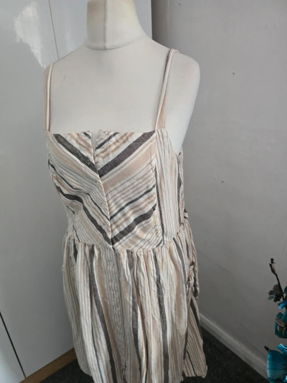 TU Beige White Brown Striped Linen Blend Belted Midi Dress Size 18