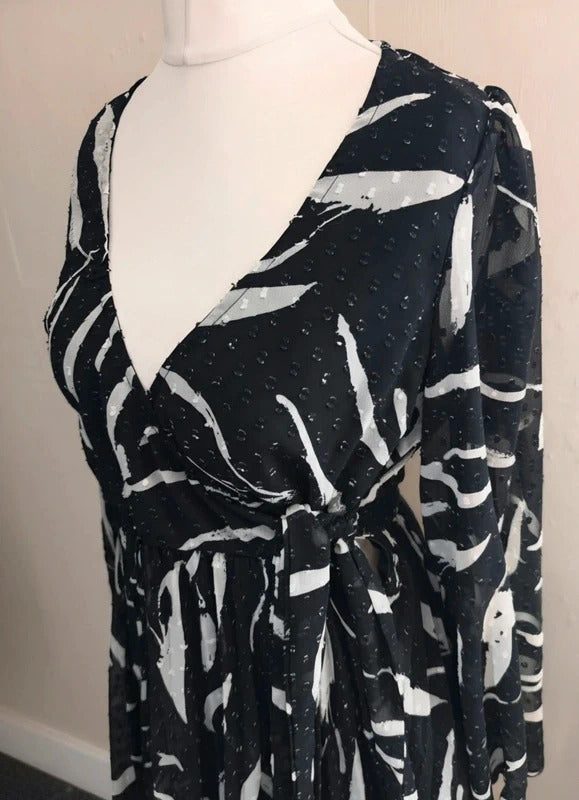 ASOS Monochrome Flare Dress with Sheer Sleeves  Size 12