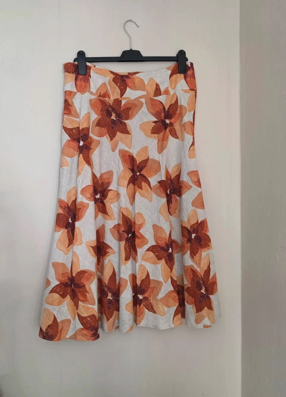 Kaliko Women's Orange & Cream Floral Linen Midi Skirt Size 16