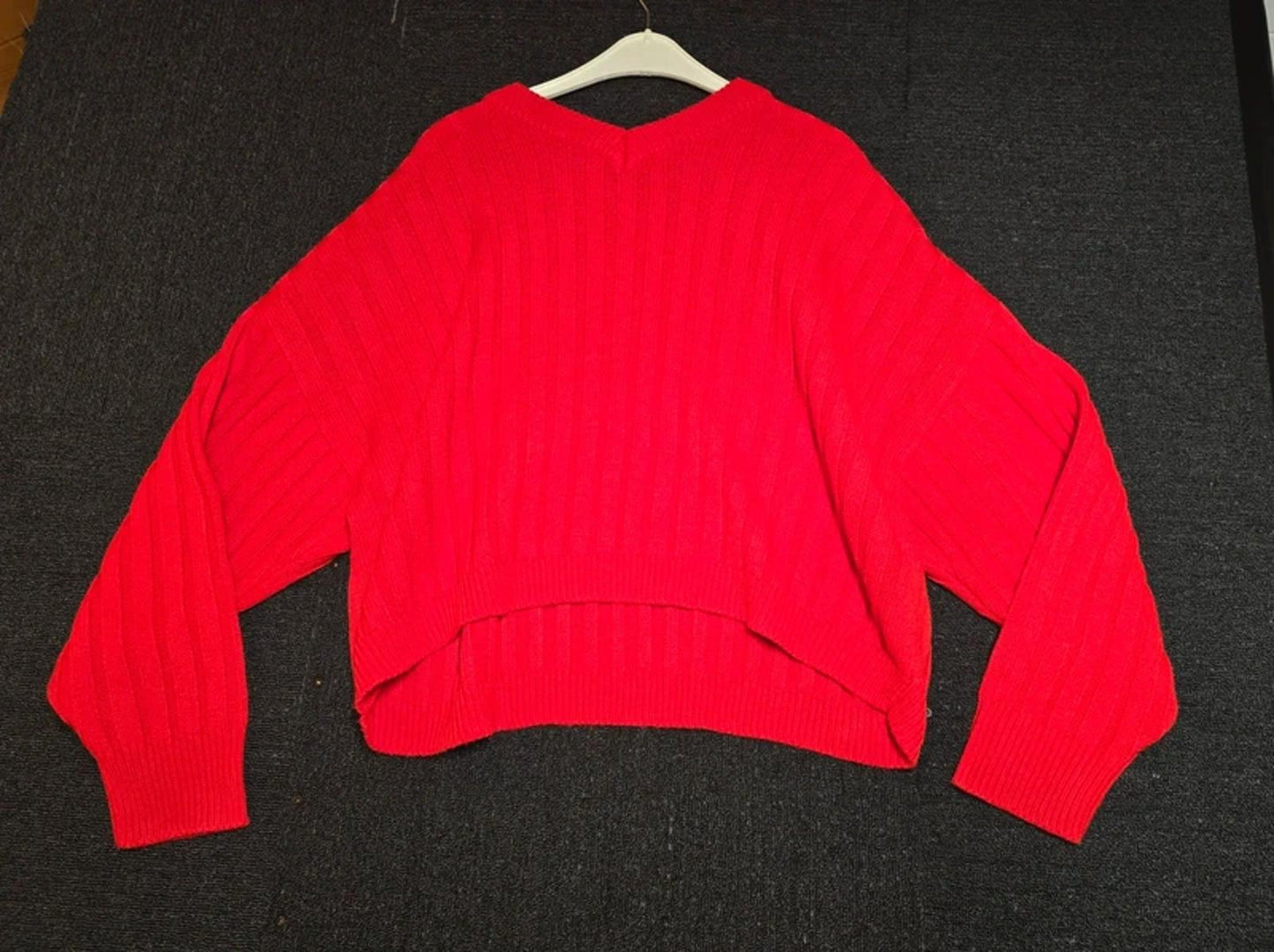 Topshop Red Ribbed Knit Jumper Size 16 Oversized V-Neck Slouchy Fit