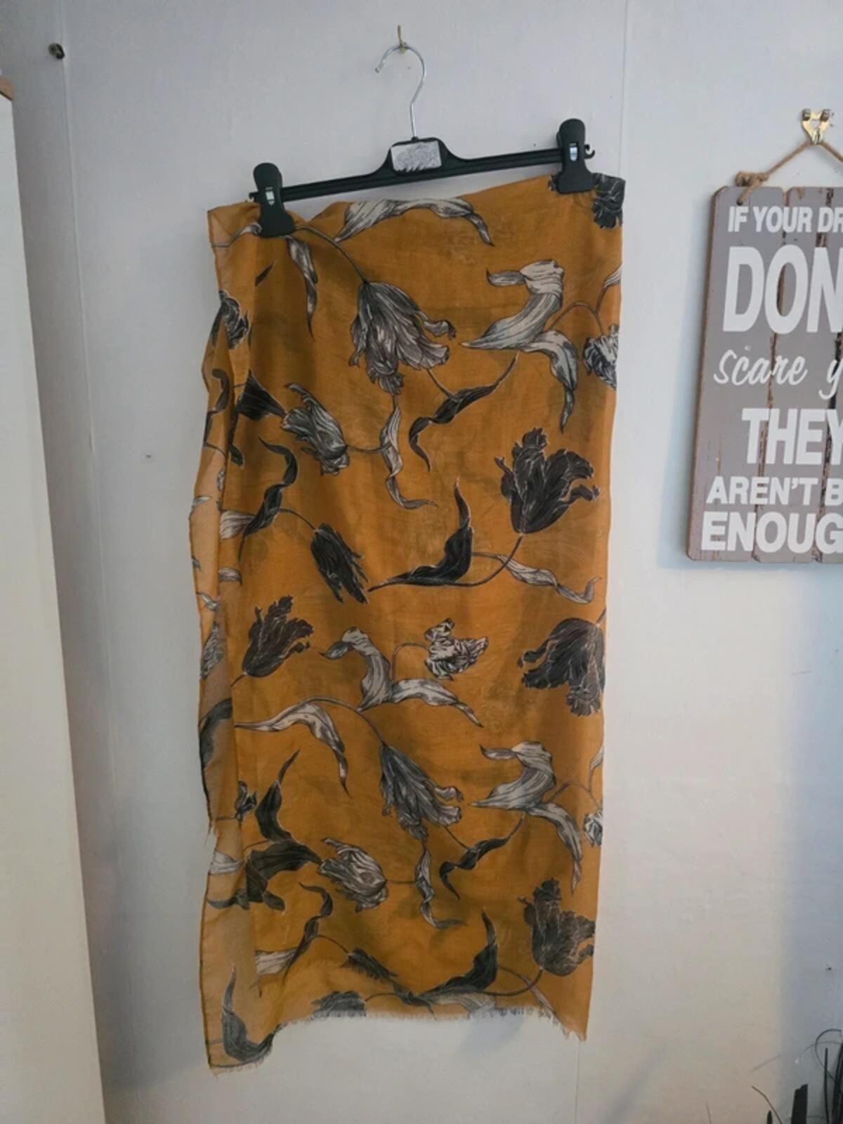 Mustard Yellow & Black Floral Lightweight Viscose Scarf Shawl with Frayed Edge
