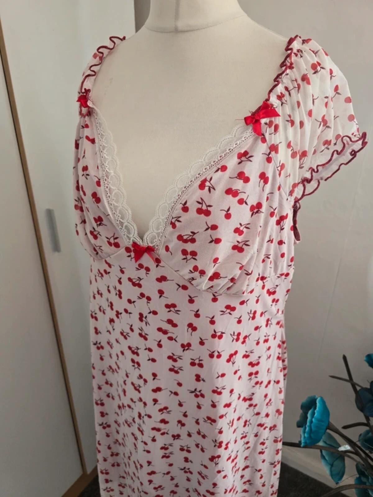 Romwe White & Red Cherry Print Lace V-Neck Dress Size 2XL Size 20