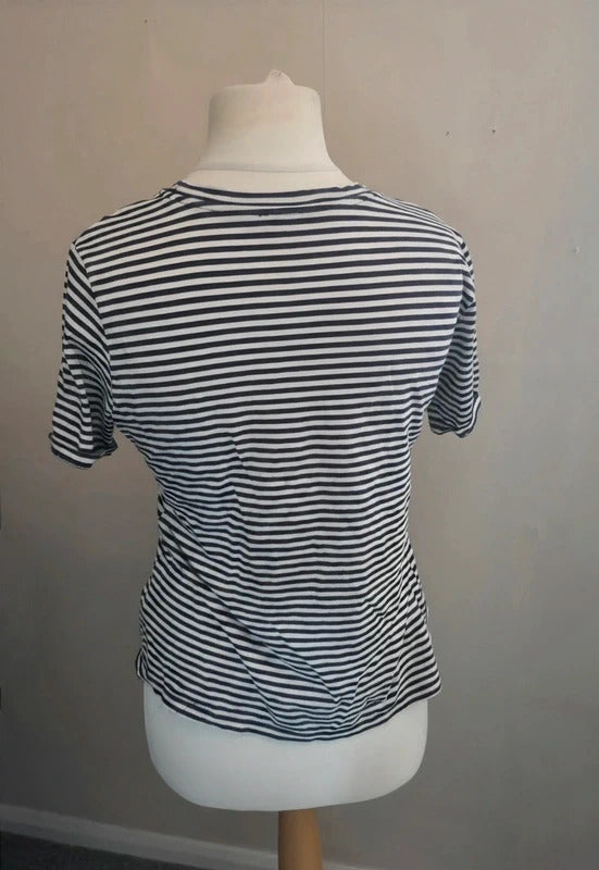 Marks & Spencer Navy & White Striped Floral Embroidered Cotton Tee Size 6-8