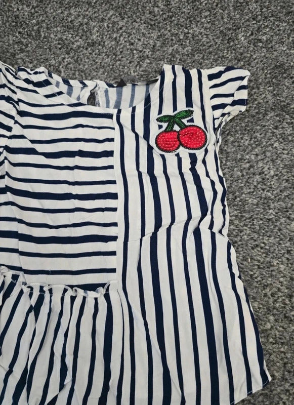 Primark Girls White & Navy Striped Sequin Cherry Frill T-Shirt 4-5years