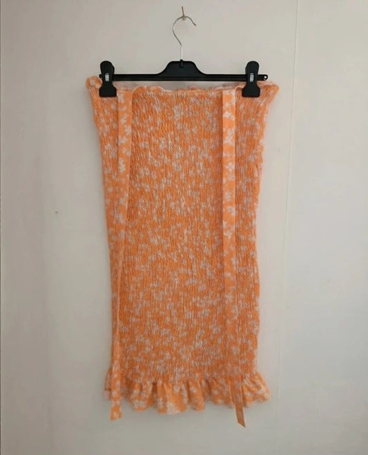 Orange White Floral Shirred Mini Dress Size 8 Small Bodycon Tie Straps
