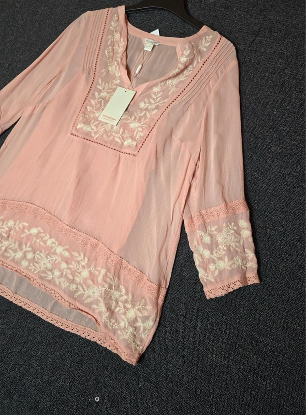 Monsoon pink & white blouse embroidered size 12 nwt