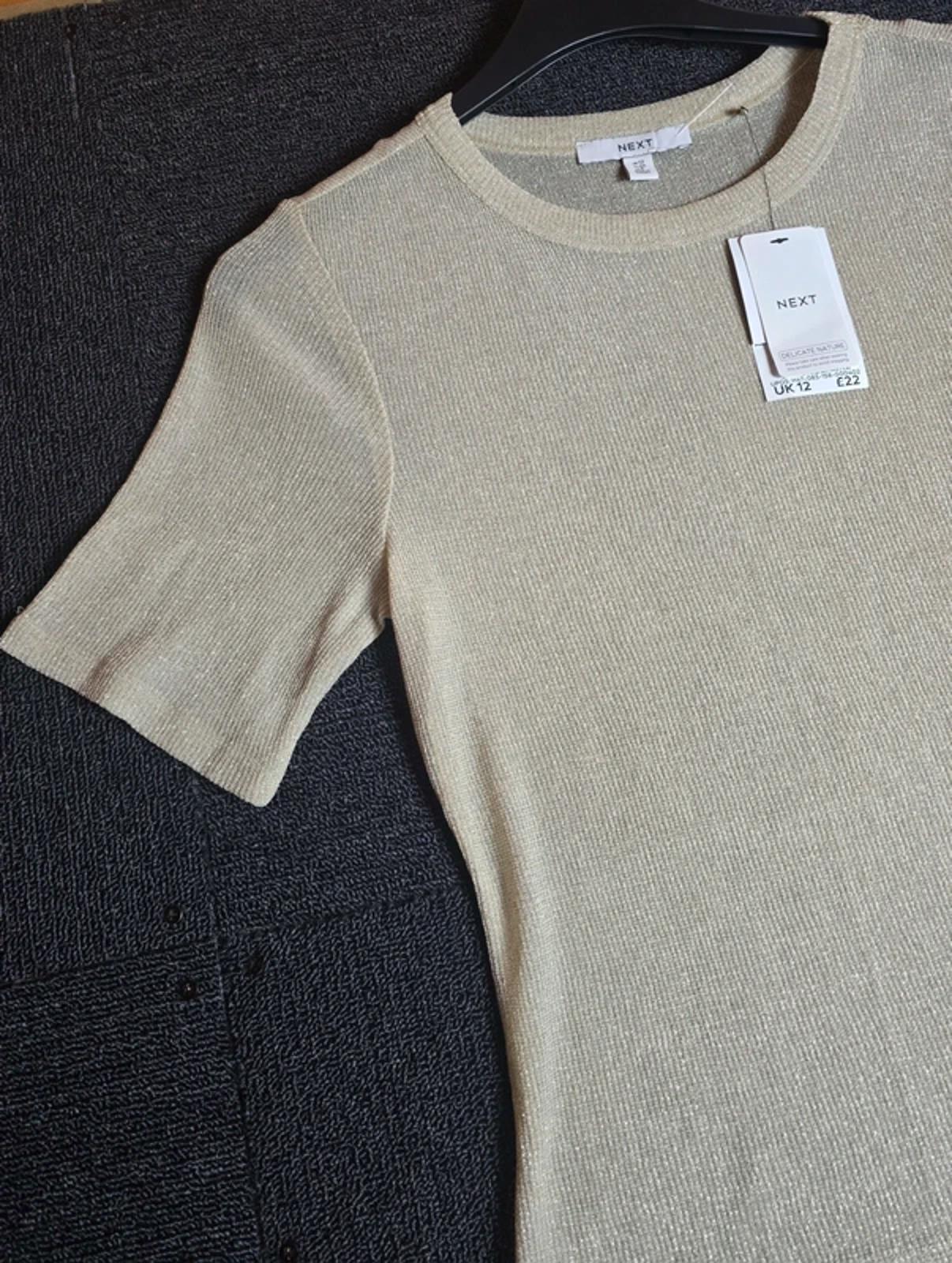 Next Gold Glitter Knit Top Size 12 Short Sleeve Round Neck New