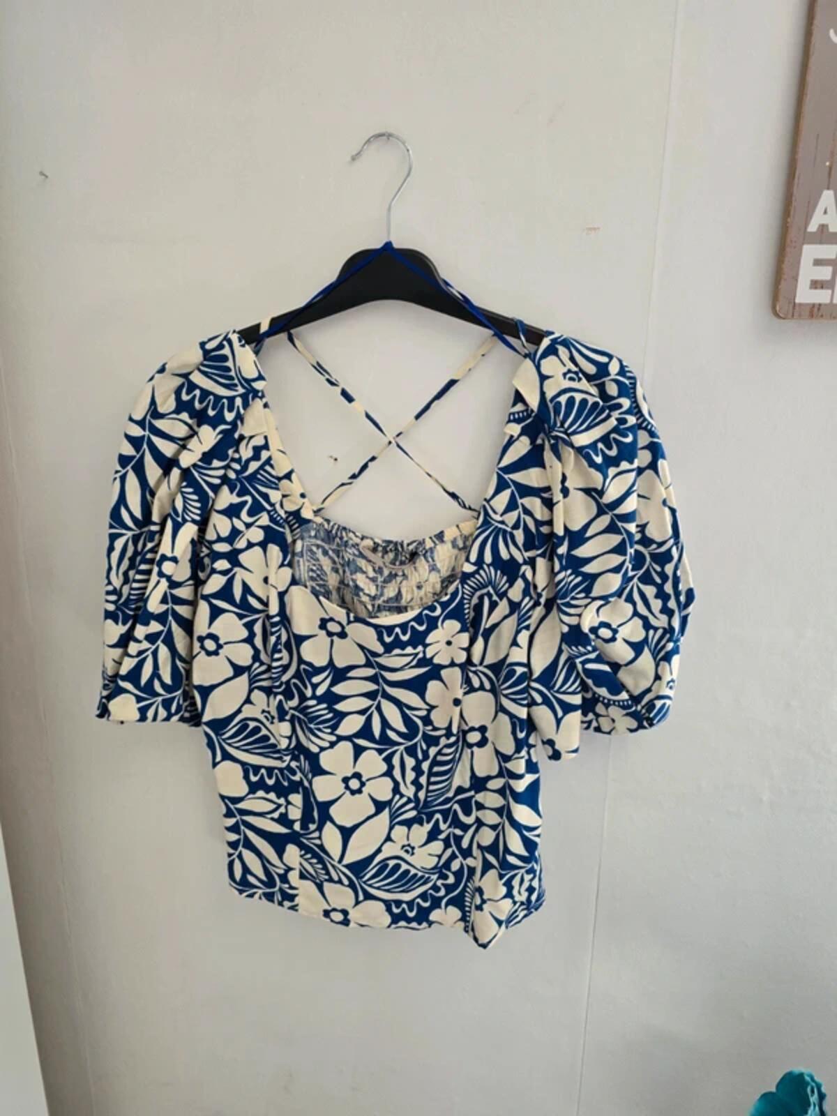 Tu Blue & White Floral 2-Piece Co-Ord Outfit Size 14 Reg
