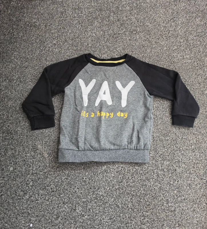 Primark Toddler Grey & Black "YAY It's A Happy Day" Slogan Jumper 18-24 Months