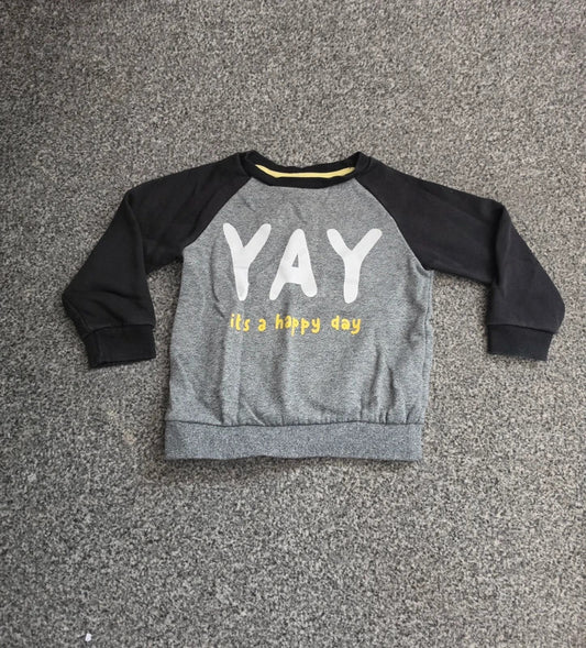 Primark Toddler Grey & Black "YAY It's A Happy Day" Slogan Jumper 18-24 Months