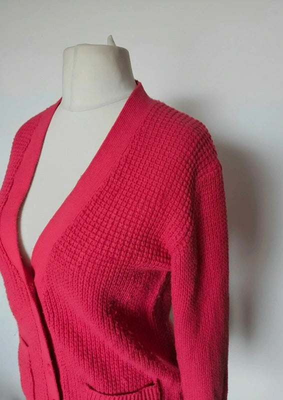 Damart Pink Red Knitted V Neck Button Cardigan Pockets Size 10-12