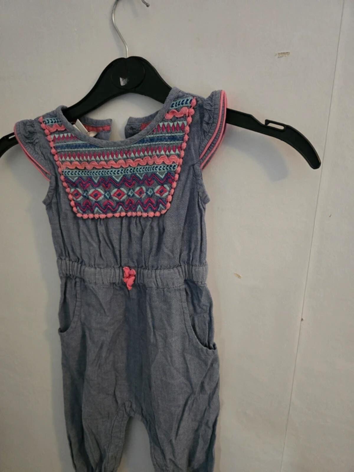 Monsoon Baby Girls Light Blue Denim Embroidered Romper Jumpsuit 6-12 Months