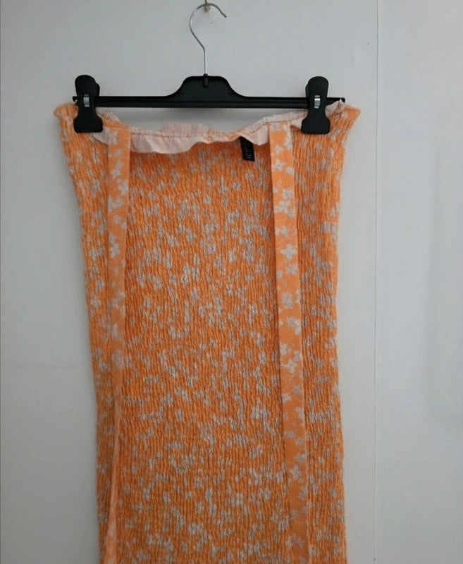 Orange White Floral Shirred Mini Dress Size 8 Small Bodycon Tie Straps