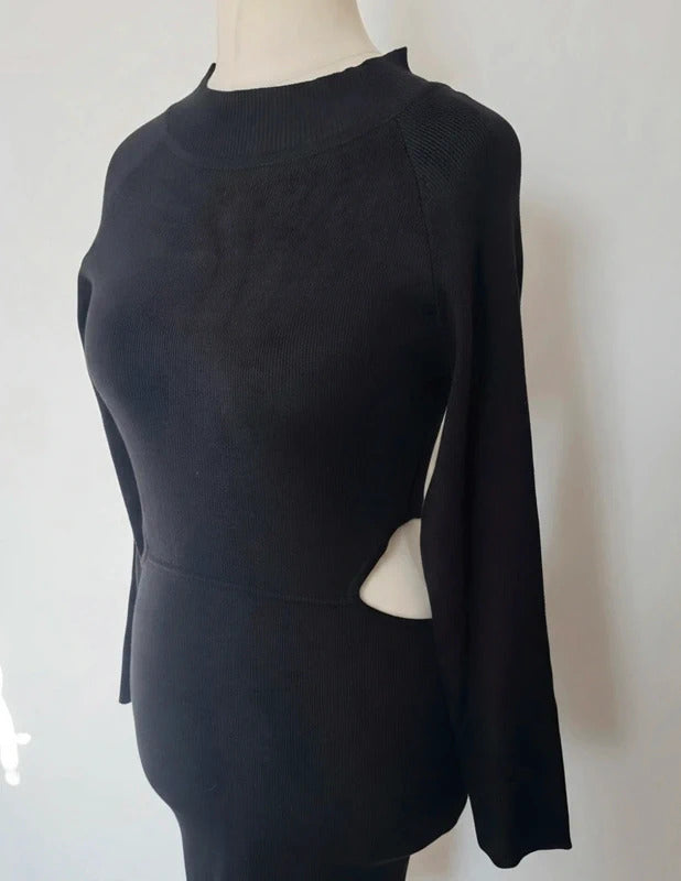 QED London Black Ribbed Bodycon Dress M/L Size 14 Long Sleeve Waist Cut Out