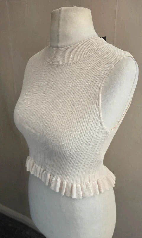 Topshop Petite Cream Ribbed Crop Top Size 12 NWT Sleeveless Frill Hem