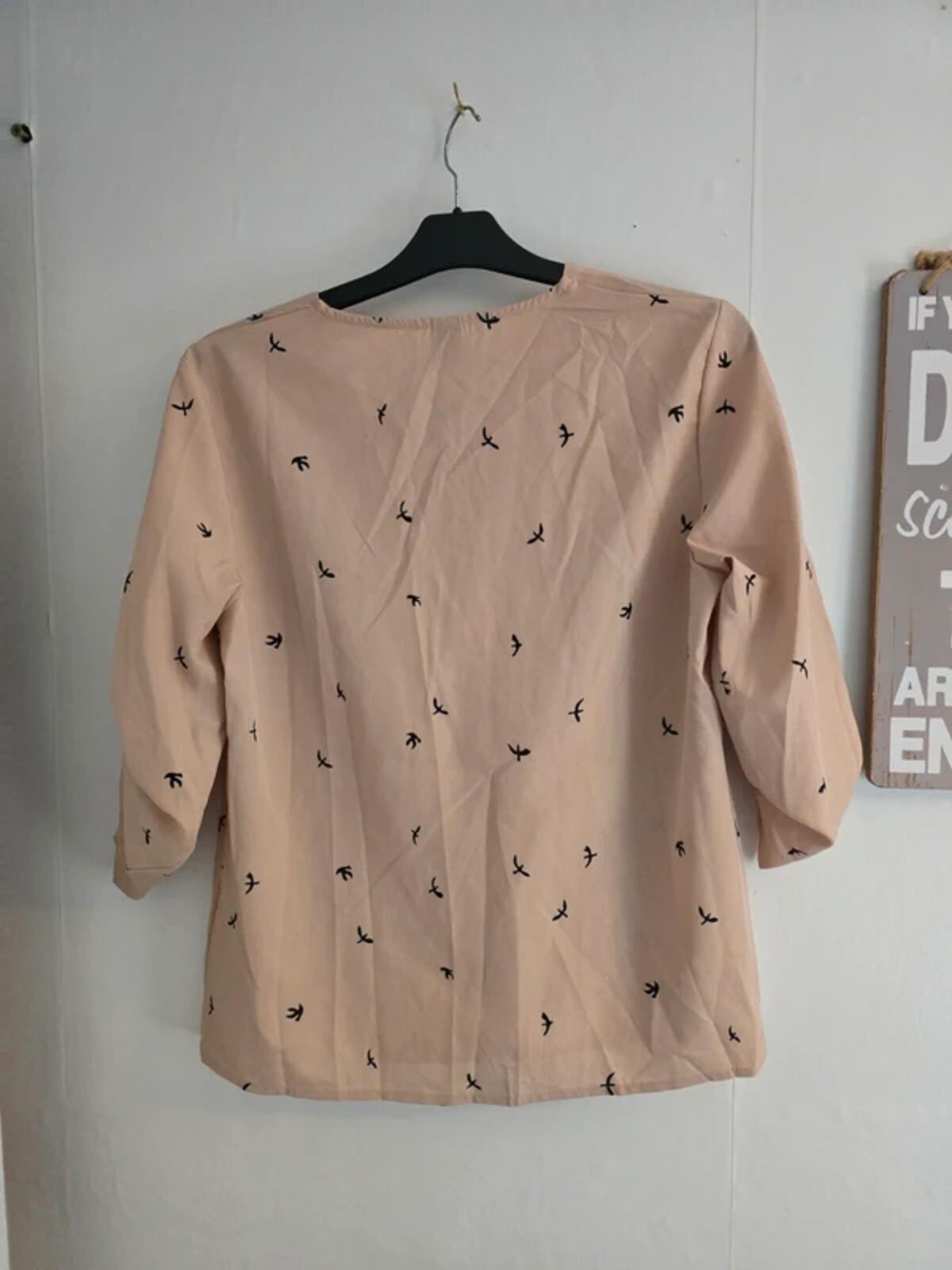 Shein Beige Bird Print Blouse - Med Size 10-12