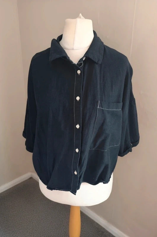 Primark Black Oversized Cropped Short-Sleeved Linen Blend Shirt Large Size 14-16