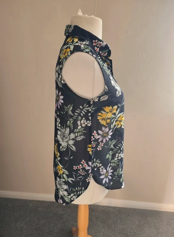 H&M Black Floral Sheer Sleeveless Dip-Hem Blouse Size UK 6-8 (EUR 34)