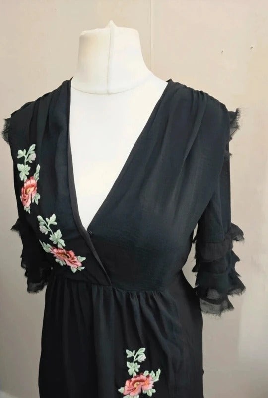 Topshop Black Embroidered Floral Frilly Flared Dress Size 10